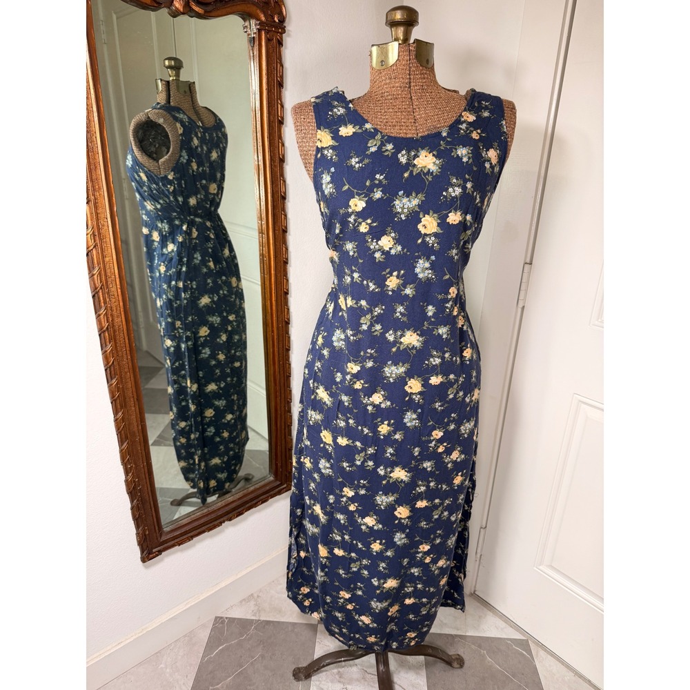 Vintage R&K Originals Navy Blue Floral Maxi Dress Cottagecore Sleeveless